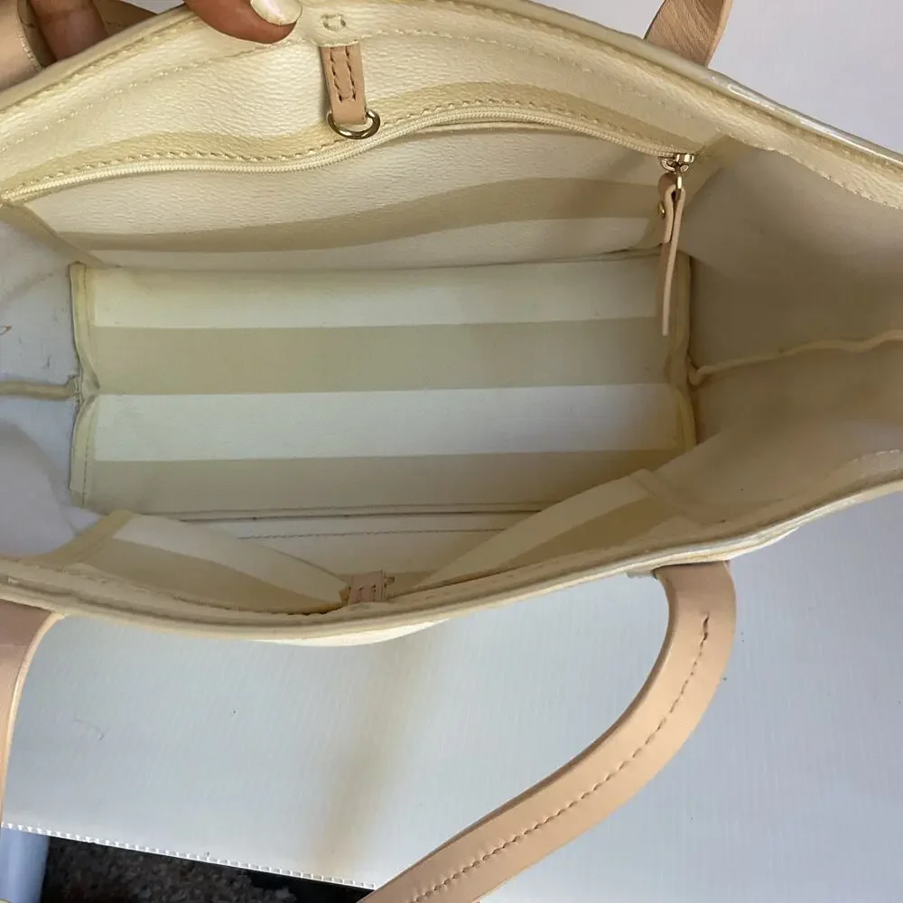 Kate Spade New York Striped Tote Bag Cream Beige Spade Charm Bow Shopper